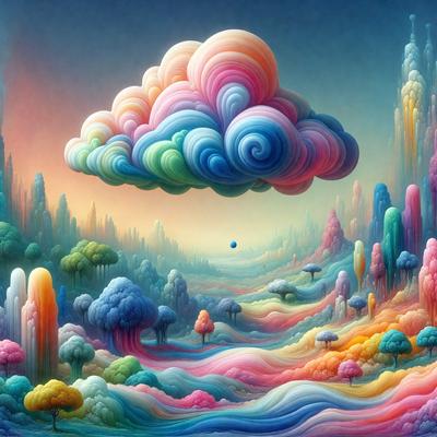 The primary subject of the image is a colorful, whimsical landscape featuring a large, cloud-like structure with a rainbow-colored sky. The setting is a vibrant, imaginative world with a variety of trees, buildings, and other elements. The visual style is a combination of digital art and illustration, creating a unique and captivating scene. The colors and mood of the image are lively, cheerful, and full of energy, reflecting the creativity and imagination of the artist.